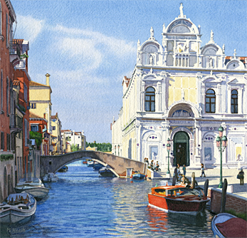 A watercolour painting of Rio dei Mendicanti and the Scuola Grande di San Marco, Venice by Margaret Heath.